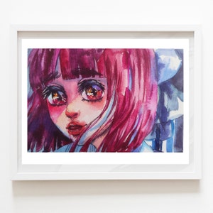 May include: Watercolour painting of a young person with pink hair and red eyes, framed in a white border. The artwork features a detailed face with a soft, dreamy aesthetic. The painting is set against a white background.