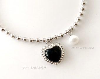 Sterling silver ballChain bracelet with heart charm, pearl charm / Onyx heart charm / pearl charm bracelet / Antiques charm / ball chain