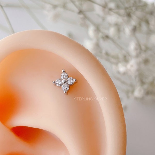 Dainty CZ Flower screw back earrings sterling silver, Tiny flower labret piercing sterling silver, Twist ball screw back earrings silver
