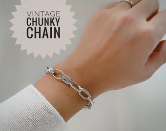 Silver Chunky blank Link Chain vintage bracelet with Christmas gift package, Silver plated Bracelet, tiffany hardware heavy duty bracelet