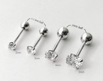 Dainty CZ screw back sterling silver earrings, Tiny cubic zirconia screw ball piercing, ball screw back earrings silver, crystal piercing