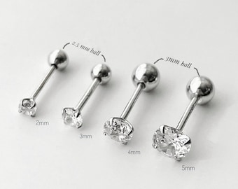 Dainty CZ screw back sterling silver earrings, Tiny cubic zirconia screw ball piercing, ball screw back earrings silver, crystal piercing