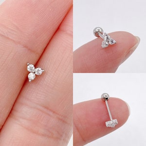 Dainty 4mm flower 20g screw back sterling silver piercing earrings, trio ball screw piercing, triangle stud silver screw back stud silver