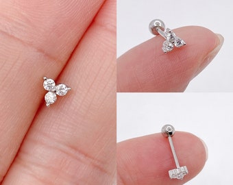 Dainty 4mm flower 20g screw back sterling silver piercing earrings, trio ball screw piercing, triangle stud silver screw back stud silver