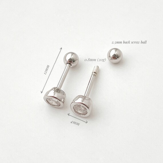 20g 4mm CZ studs ball screw back earrings Sterling silver, 4mm Cubic  Sterling Silver piercing, tiny CZ ball twist back stud earrings silver