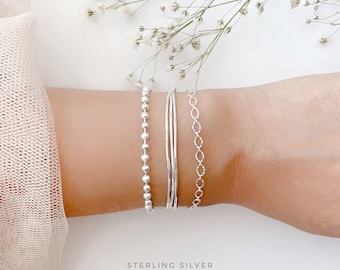 Sterling silver chain layer bracelet set with a gift package / triple snake chain / matte ball chain / round link chain / Linked chain