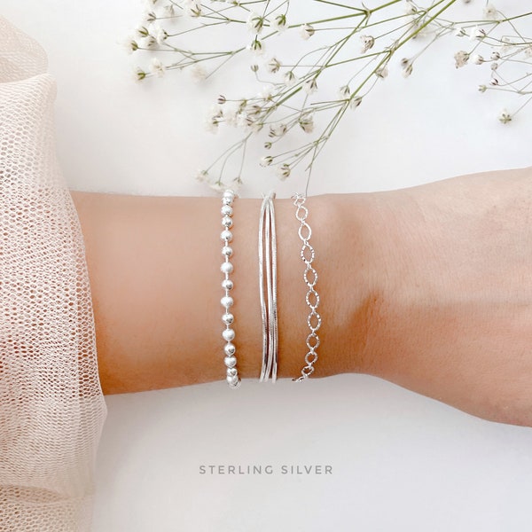 Sterling silver chain layer bracelet set with a gift package / triple snake chain / matte ball chain / round link chain / Linked chain