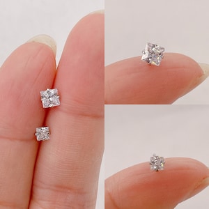 Dainty 4mm Square CZ stud earrings Sterling silver, Tiny 3mm Square diamond stud, small square crystal earrings, Cubic zirconia square stud