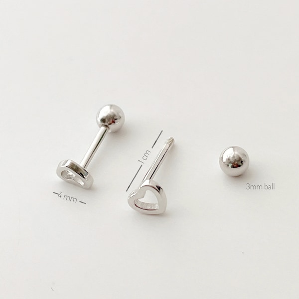 Dainty 4mm Heart 20g screw back sterling silver piercing earrings, ball screw piercing, silver screw stud, Small screw back earrings silver