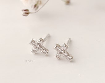 Minimalist Dainty CZ Cross Stud earrings 20g Sterling silver, gold cross stud earrings, tiny Cubic zircon Cross earrings Steriling silver