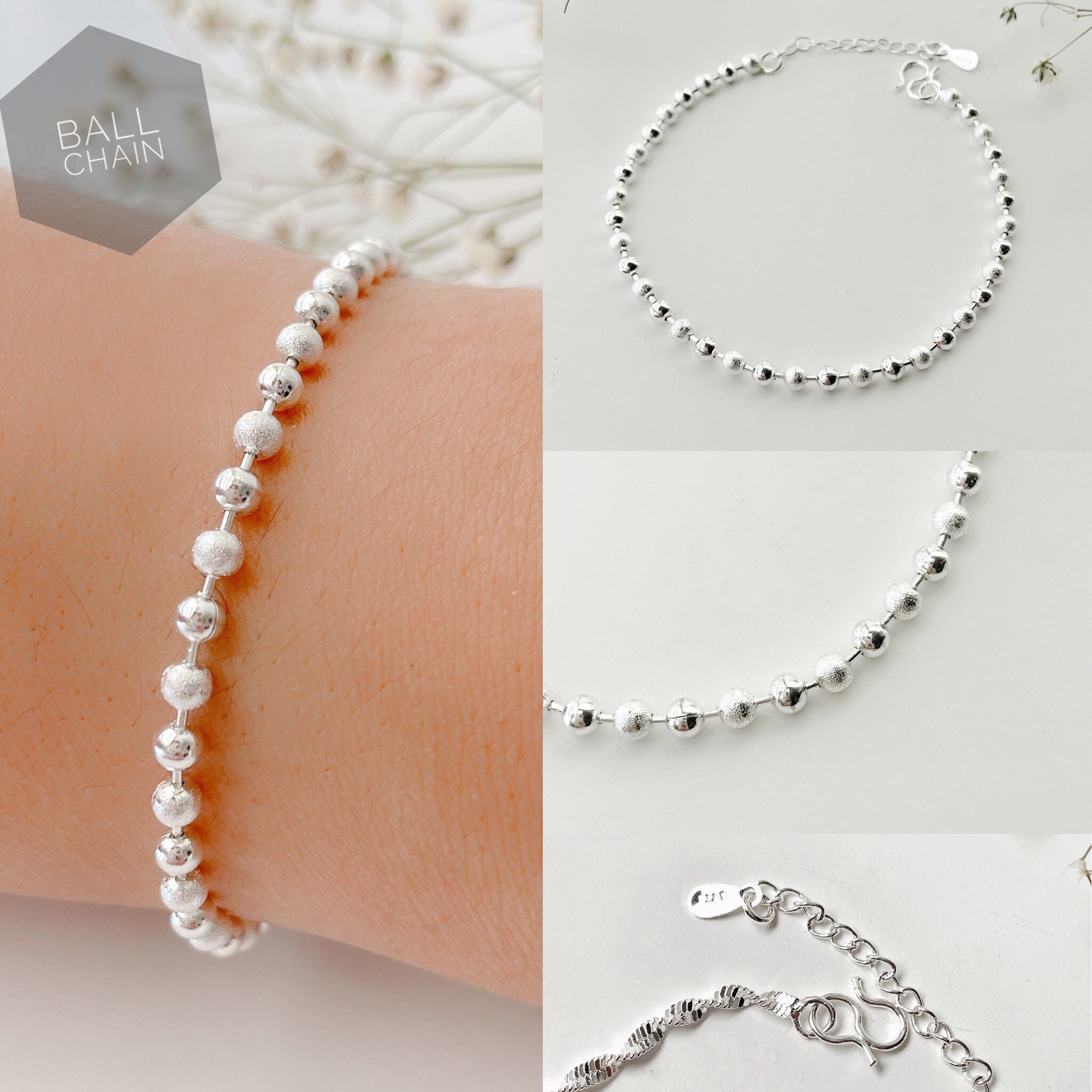 【TATIANA】(Silver925) Ball n Snake Chain Layered Bracelet Sterling Silver Chain Layer Bracelet Set With a Gift Package