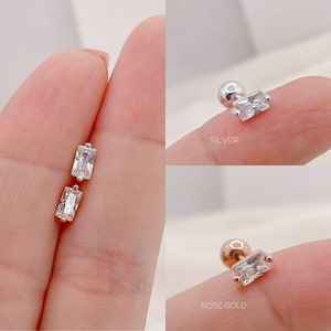 Dainty 5mm CZ Baguette 20g screw back sterling silver earrings, Rectangle crystal rose gold piercing, screw stud, ball screw back earrings