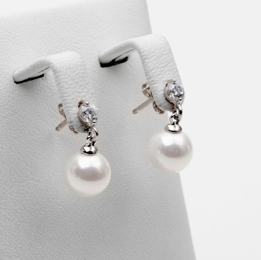 Dainty Pearl Dangle drop stud Earrings sterling silver | Etsy