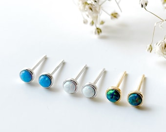Dainty Opal Ball Stud Earrings: Sterling Silver Bezel, 4mm