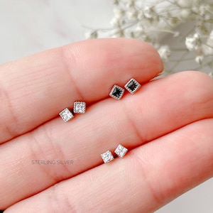 Boucles d'oreilles perçantes en argent sterling à fond vissé CZ carré de 3 mm 2 mm 20 g, fond carré vissé très petit, fermeture à vis sphérique