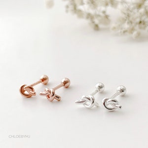 Pendientes de plata de ley con cierre de rosca y nudo pequeño de 20 g, piercing Love Knot en oro rosa, pendientes de plata con cierre de rosca y alambre anudado