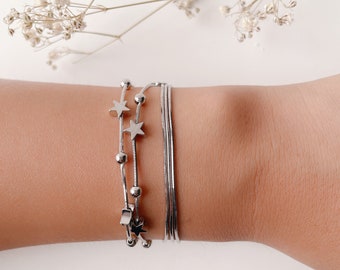 Sterling Silver Layered Bracelet Set: Snake Chain & Star Charm