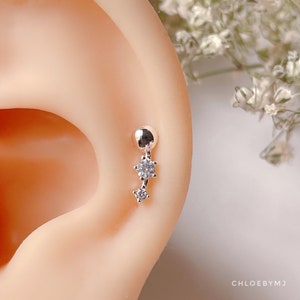Dainty tri-curved CZ screw back Sterling silver earrings, mini curved crystal cartilage, screw stud, ball screw back earrings silver