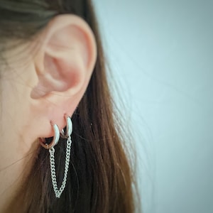 Double huggie chain earrings Sterling silver, Silver chain hoops,  Huggie chain earrings, Two hole piercing huggies 925 Sterling Silver