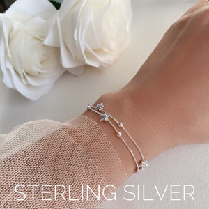 Star charms double ball chain Sterling silver bracelet with gift package / dainty star charm snake chain bracelet / satellite chain bracelet