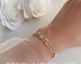 Star charms double ball chain Sterling silver bracelet with gift package / dainty star charm snake chain bracelet / satellite chain bracelet