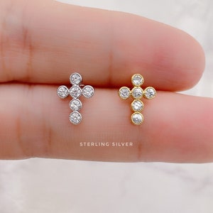 Minimalist cross stud earrings Sterling silver, CZ cross stud earrings, Tragus, cartilage, Helix, tiny cross stud earrings,