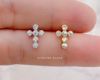 Minimalist cross stud earrings Sterling silver, CZ cross stud earrings, Tragus, cartilage, Helix, tiny cross stud earrings,