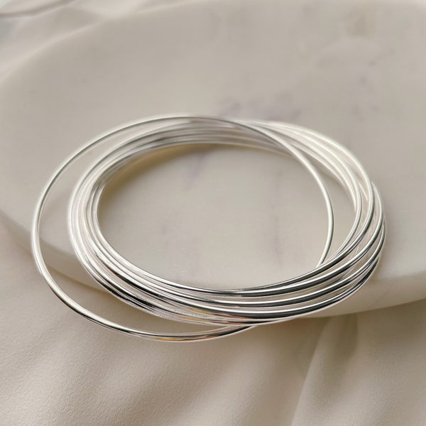 Dainty Sterling silver thin round staking bangle set bracelet, 1.5mm thin round Bangle, set of 9 Bangles, Sterling silver bangles