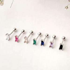 Dainty 4mm CZ Baguette 20g screw back sterling silver earrings, Rectangle crystal piercing, screw stud, ball screw back earrings,