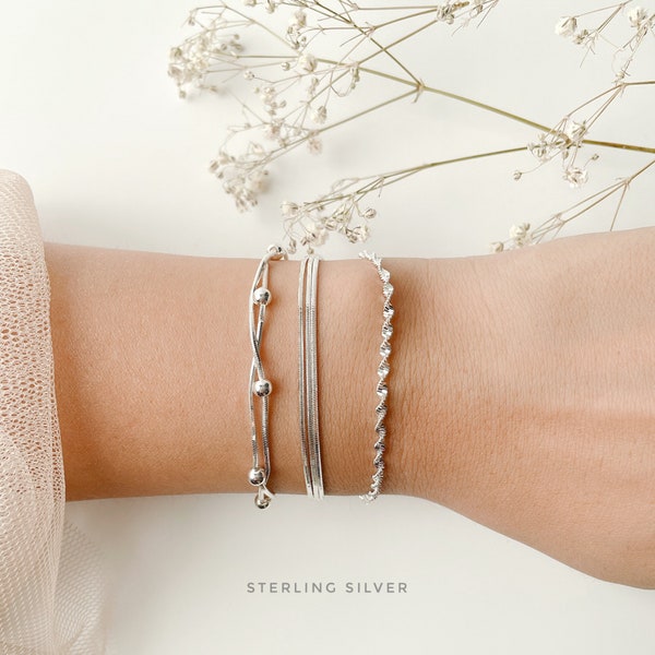Conjunto de pulseras de capas de plata de ley: serpiente, bola y cadena torcida