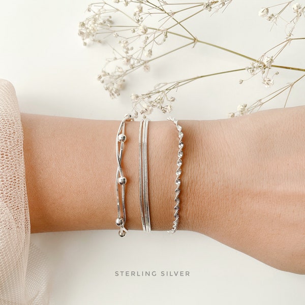 Sterling silver chain layer bracelet set with a gift package / triple snake chain / double ball chain / twist rope chain / DNA chain