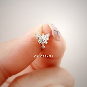 Dainty butterfly huggie hoop earrings sterling silver, cubic zirconia CZ huggie hoop lever back earrings