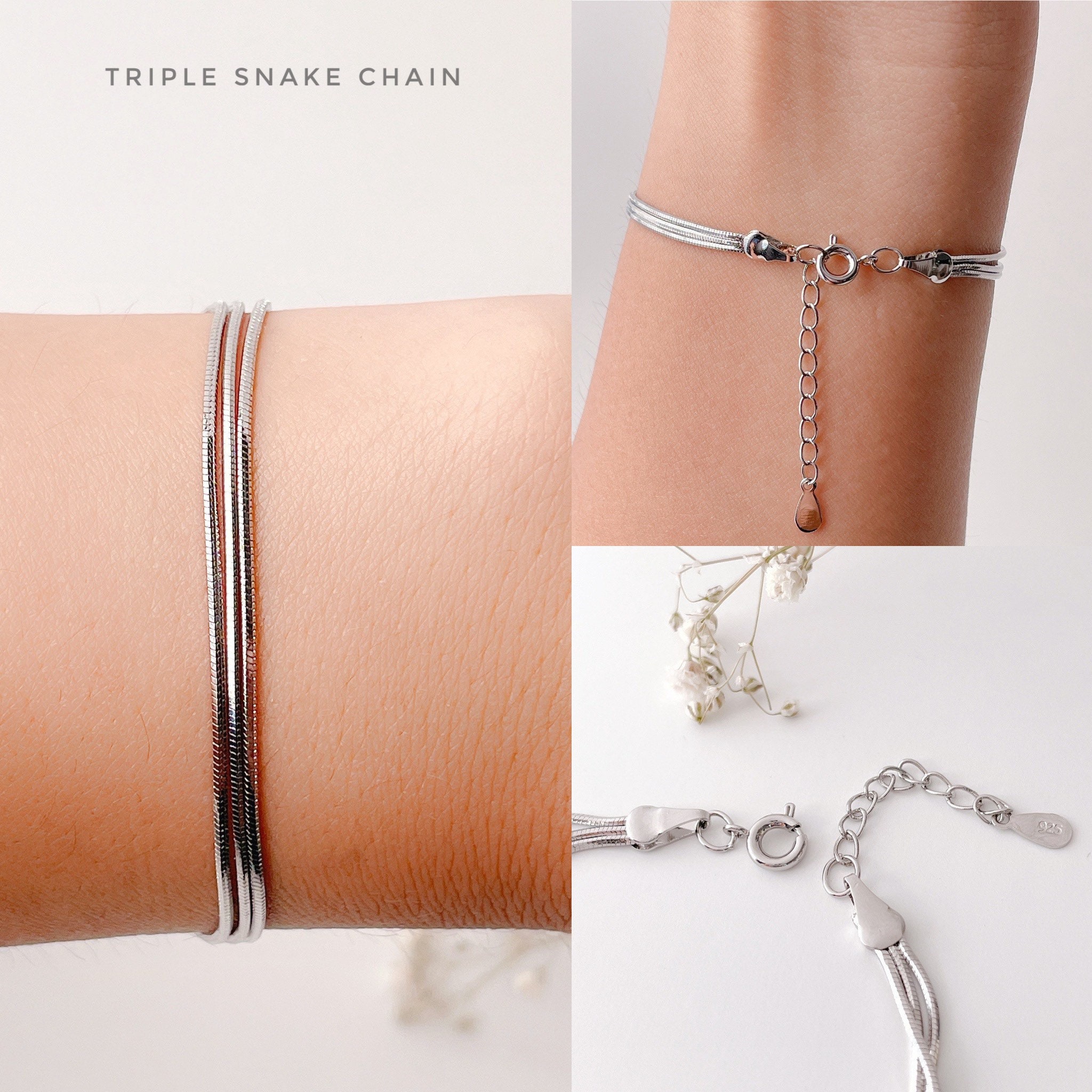 【TATIANA】(Silver925) Ball n Snake Chain Layered Bracelet 925 Sterling Silver Snake Chain Ankle Bracelet, Excellent