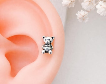 Tiny Teddy Bear Screw Back Stud Earrings, Sterling Silver Cartilage Earring, Tragus Helix Flat Back Bear Studs
