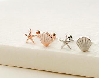 Sterling Silver Seashell & Starfish Screw Back Earrings