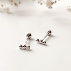 Dainty 2mm triple ball screw back sterling silver piercing earrings, 6mm bar 20g screw back, Ball bar stud silver screw back stud silver