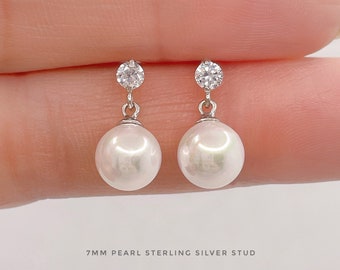 Pearl Dangle drop stud Earrings sterling silver, Bridesmaid earrings, dainty cz dot and 7mm pearl drop silver earrings, big pearl earrings