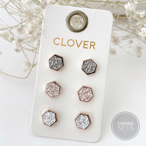 8mm Hexagon Druzy stone stud earrings set, White, silver, pink, glittered earrings, Druzy Stud trio earrings set, set of 3 studs earrings