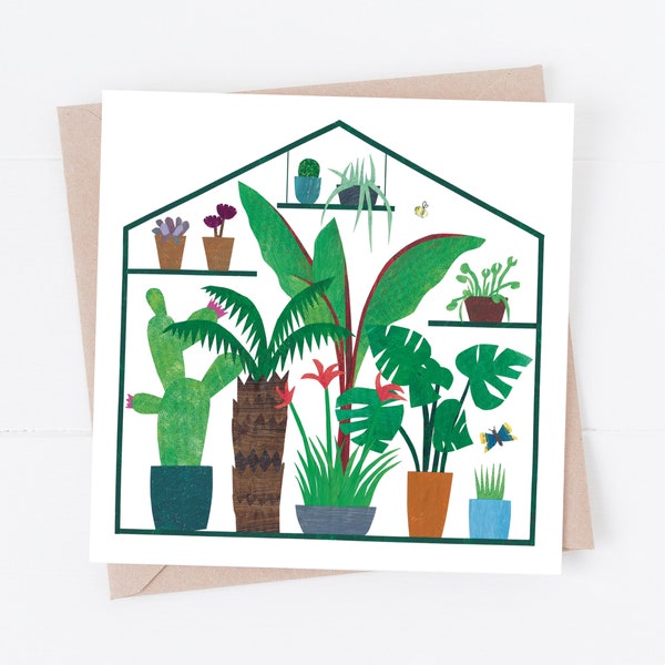 Tropical Greenhouse Greetings Card. Botanical Illustration, house plants, garden, gardener, jungle, cactus, cacti, succulents, collage.