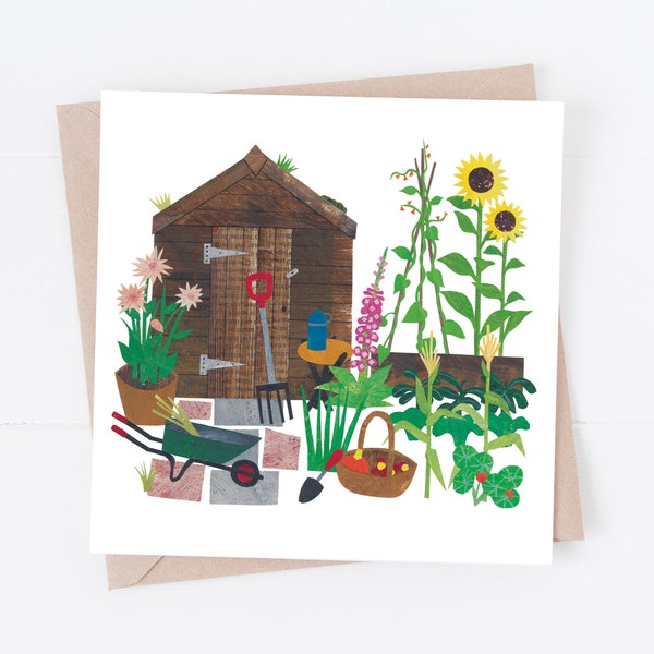 Allotment Greetings Card. Botanical Illustration, plants, vegetable garden, gardener, flowers, garden, potting shed, grow your own collage.