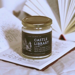 Castle Library scented soy candle, dark academia bookish candle, honey amber tobacco fragrance, sweet warming cosy scents, gifts for writers image 1