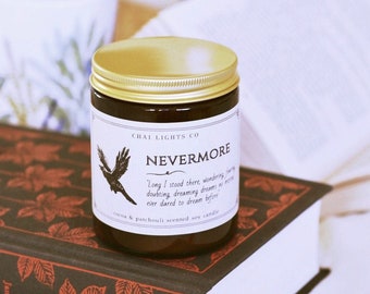 Nevermore Soy Candle, Inspired by The Raven, Edgar Allen Poe, gothic classic literature, literary gifts, bookish candles, dark academia