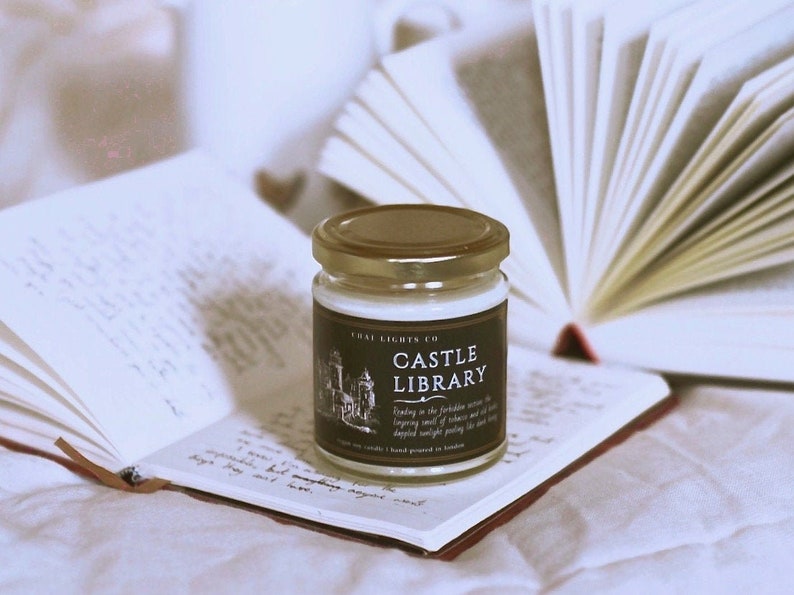 Castle Library scented soy candle, dark academia bookish candle, honey amber tobacco fragrance, sweet warming cosy scents, gifts for writers image 1