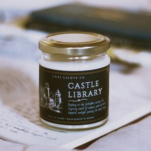 Castle Library scented soy candle, dark academia bookish candle, honey amber tobacco fragrance, sweet warming cosy scents, gifts for writers image 2