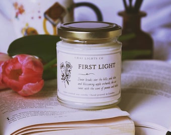 First Light soy candle, fresh floral spring scent candle, peonies apple jasmine violets fragrance, bookish fantasy candle, gifts for writers