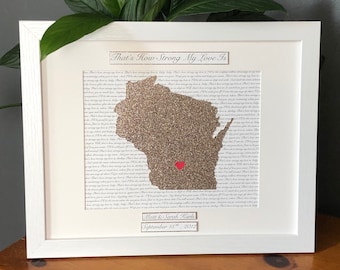 Personalized Bronze Anniversary Wall Art, 8th Anniversary Gift, Song Lyrics & State