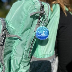 Puede incluir: Una mochila verde claro con un bolsillo con cremallera y un bolsillo de malla. Un llavero redondo con un dise&ntilde;o azul y blanco est&aacute; unido al tirador de la cremallera. El llavero presenta una imagen de dibujos animados de un monstruo marino con el texto "I Believe" y "Lake Champlain" impreso en &eacute;l.