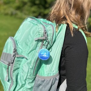 Puede incluir: Una mochila verde claro con un bolsillo con cremallera y un bolsillo de malla. Un llavero con un dije redondo azul y blanco que dice "Creo" y tiene una imagen del monstruo del Lago Ness est&aacute; unido a la mochila.