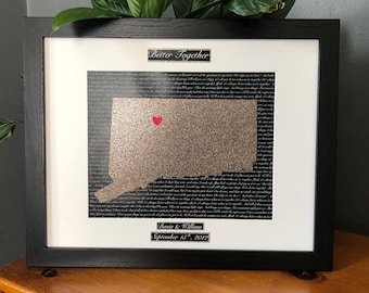 Personalized Bronze 8th Anniversary Gift, State Outline, Wedding Song, Framed