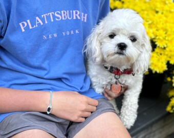 May include: A light blue t-shirt with the text "PLATTSBURGH NEW YORK" in pink. A small white dog with a red collar and tag is being held. A blue and silver bracelet is visible on the person's wrist.